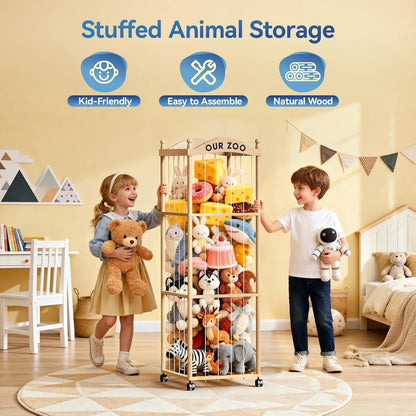 Stuffed Animal Storage Zoo Tower,54" Large Capacity Wooden Toy Organizer