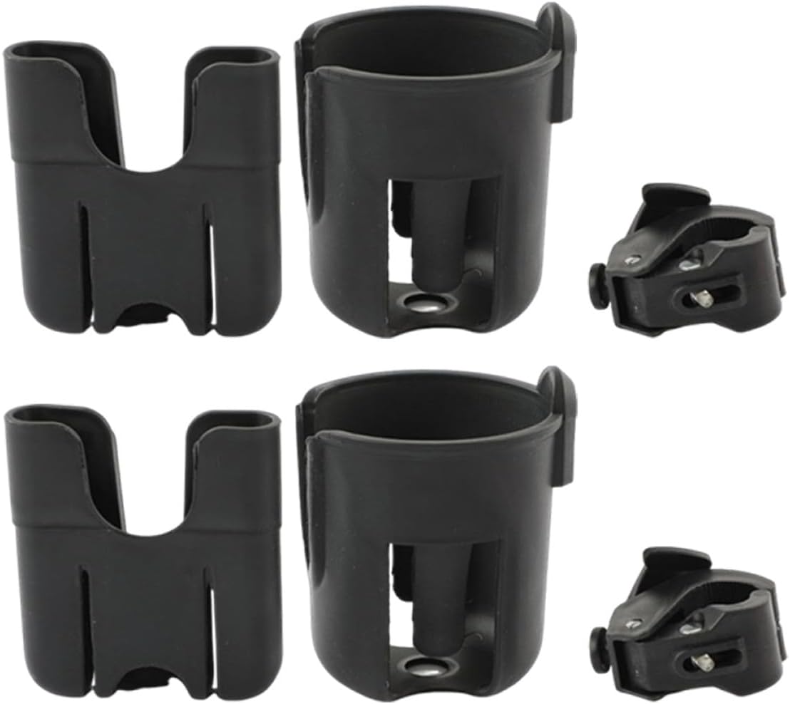 2pcs 2-in-1 Stroller Cup Holder and Phone Holder Black Pushchair Drink Organizer with Grocery Cart and Scooter Water Bottle for Travel Gear