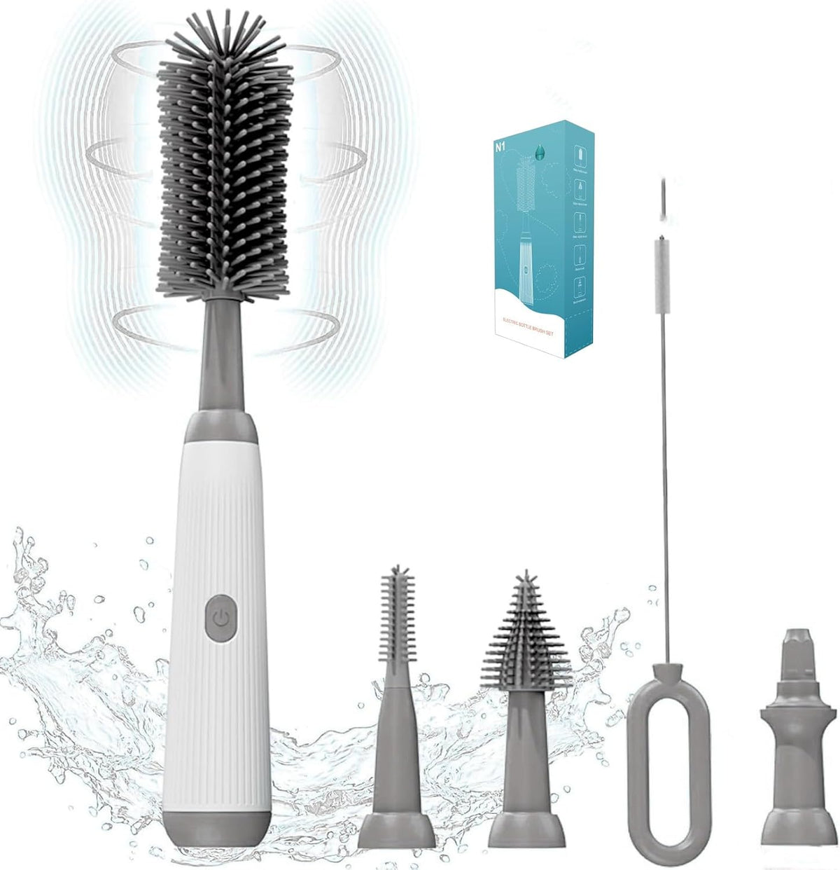 Electric Baby Bottle Brush Cleaner with Extended Handle & Drying Holder, Baby Bottle Brush Set with Silicone Bottle/Nipple/Crevice/Brush,Straw Cleaner,Lifesaver Automatic Bottle Cleaner,Gray