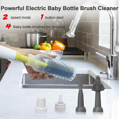 Electric Baby Bottle Brush Cleaner with Extended Handle & Drying Holder, Baby Bottle Brush Set with Silicone Bottle/Nipple/Crevice/Brush,Straw Cleaner,Lifesaver Automatic Bottle Cleaner,Gray