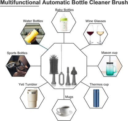 Electric Baby Bottle Brush Cleaner with Extended Handle & Drying Holder, Baby Bottle Brush Set with Silicone Bottle/Nipple/Crevice/Brush,Straw Cleaner,Lifesaver Automatic Bottle Cleaner,Gray
