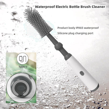 Electric Baby Bottle Brush Cleaner with Extended Handle & Drying Holder, Baby Bottle Brush Set with Silicone Bottle/Nipple/Crevice/Brush,Straw Cleaner,Lifesaver Automatic Bottle Cleaner,Gray