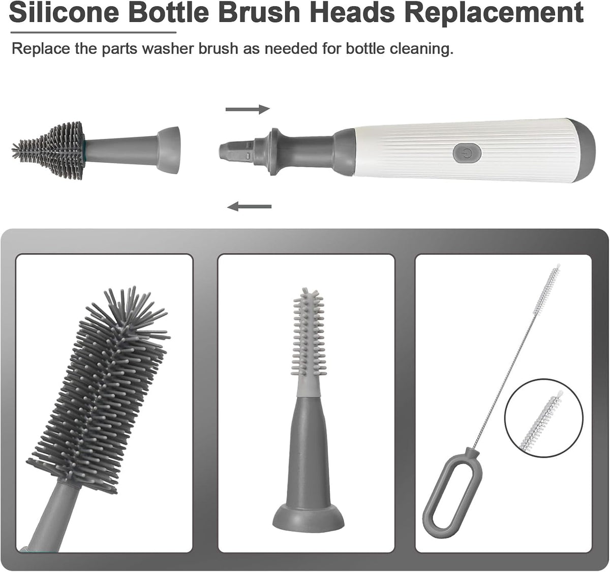 Electric Baby Bottle Brush Cleaner with Extended Handle & Drying Holder, Baby Bottle Brush Set with Silicone Bottle/Nipple/Crevice/Brush,Straw Cleaner,Lifesaver Automatic Bottle Cleaner,Gray