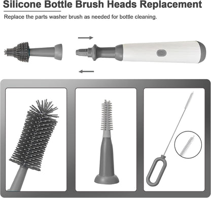 Electric Baby Bottle Brush Cleaner with Extended Handle & Drying Holder, Baby Bottle Brush Set with Silicone Bottle/Nipple/Crevice/Brush,Straw Cleaner,Lifesaver Automatic Bottle Cleaner,Gray