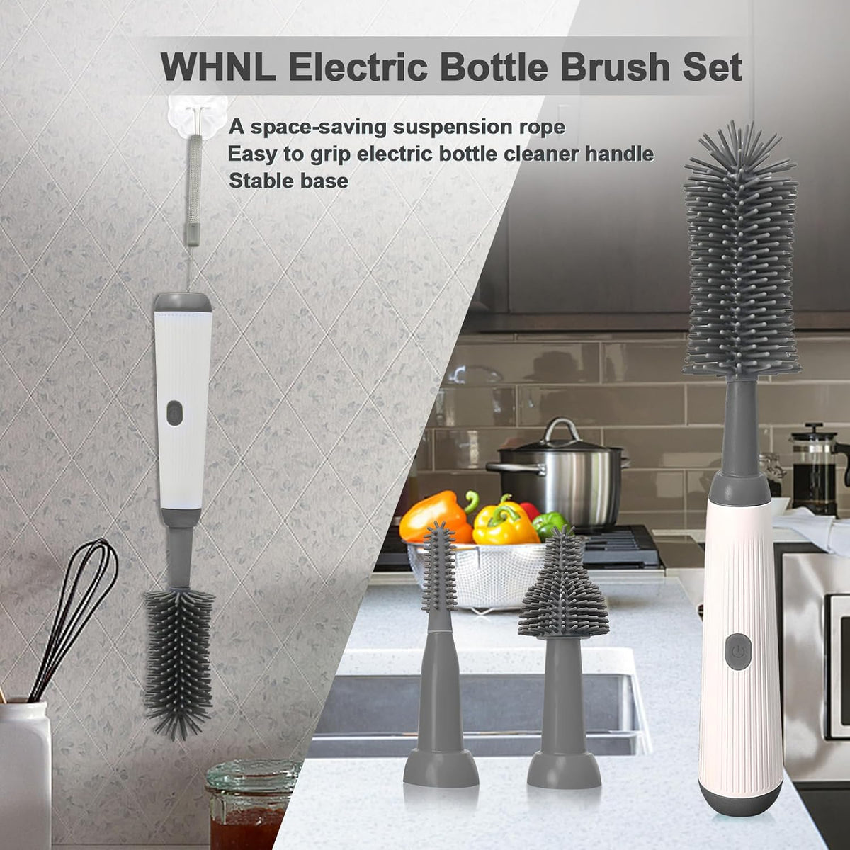 Electric Baby Bottle Brush Cleaner with Extended Handle & Drying Holder, Baby Bottle Brush Set with Silicone Bottle/Nipple/Crevice/Brush,Straw Cleaner,Lifesaver Automatic Bottle Cleaner,Gray