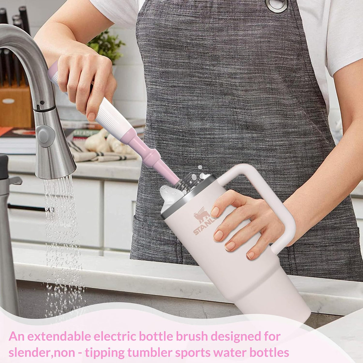 Electric Baby Bottle Brush Cleaner with Extended Handle & Drying Holder, Baby Bottle Brush Set with Silicone Bottle/Nipple/Crevice/Brush,Straw Cleaner,Lifesaver Automatic Bottle Cleaner,Gray