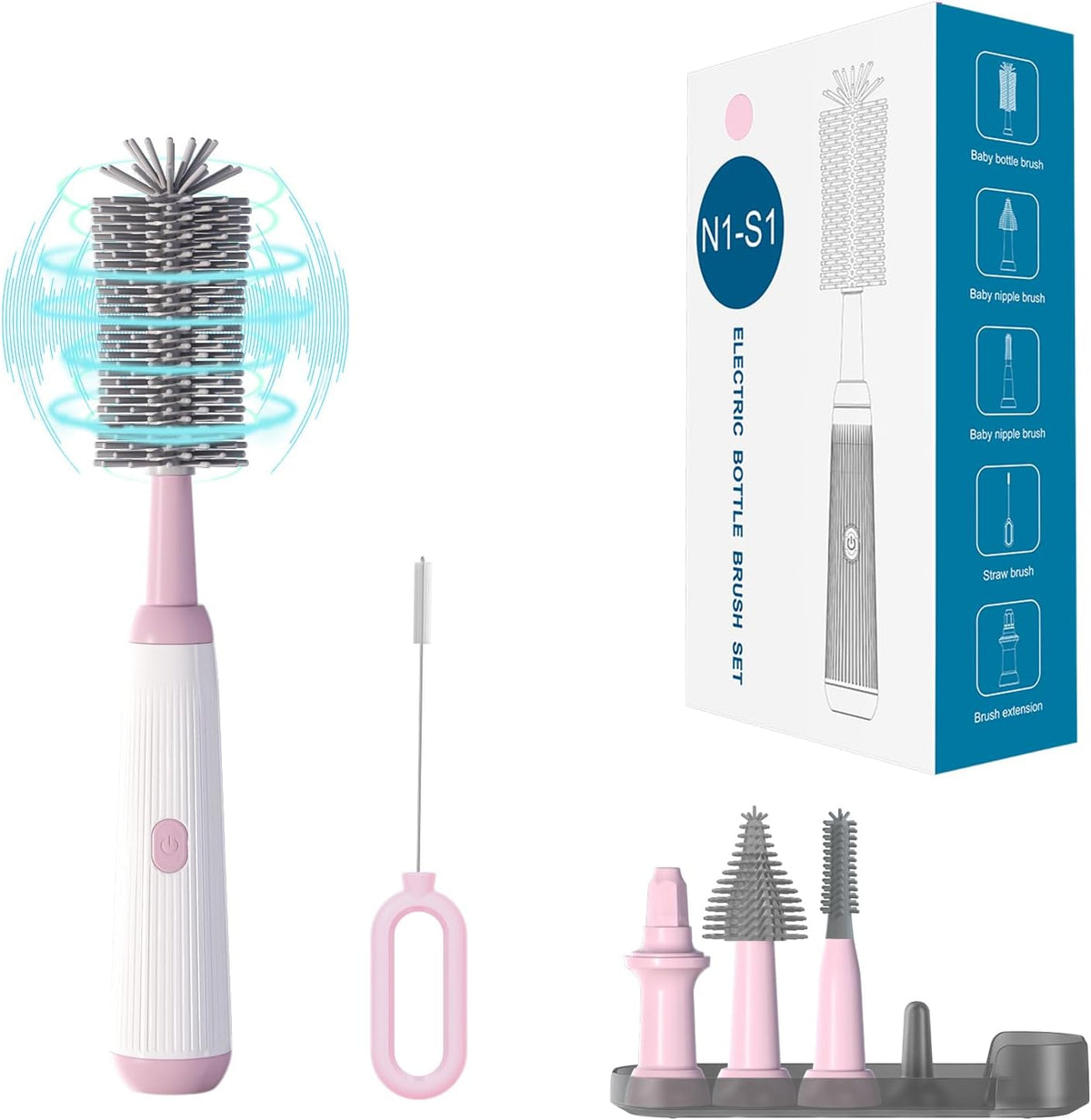Electric Baby Bottle Brush Cleaner with Extended Handle & Drying Holder, Baby Bottle Brush Set with Silicone Bottle/Nipple/Crevice/Brush,Straw Cleaner,Lifesaver Automatic Bottle Cleaner,Gray