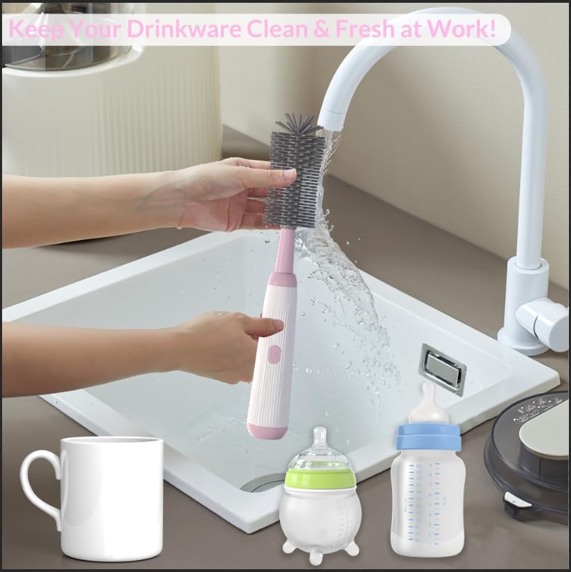Electric Baby Bottle Brush Cleaner with Extended Handle & Drying Holder, Baby Bottle Brush Set with Silicone Bottle/Nipple/Crevice/Brush,Straw Cleaner,Lifesaver Automatic Bottle Cleaner,Gray