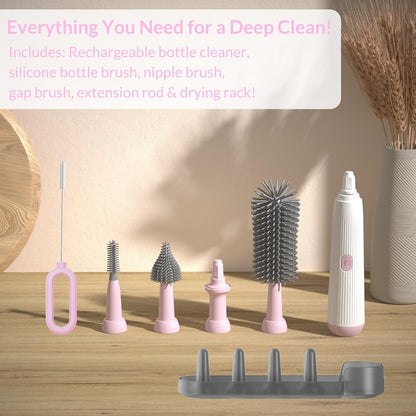 Electric Baby Bottle Brush Cleaner with Extended Handle & Drying Holder, Baby Bottle Brush Set with Silicone Bottle/Nipple/Crevice/Brush,Straw Cleaner,Lifesaver Automatic Bottle Cleaner,Gray