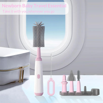 Electric Baby Bottle Brush Cleaner with Extended Handle & Drying Holder, Baby Bottle Brush Set with Silicone Bottle/Nipple/Crevice/Brush,Straw Cleaner,Lifesaver Automatic Bottle Cleaner,Gray