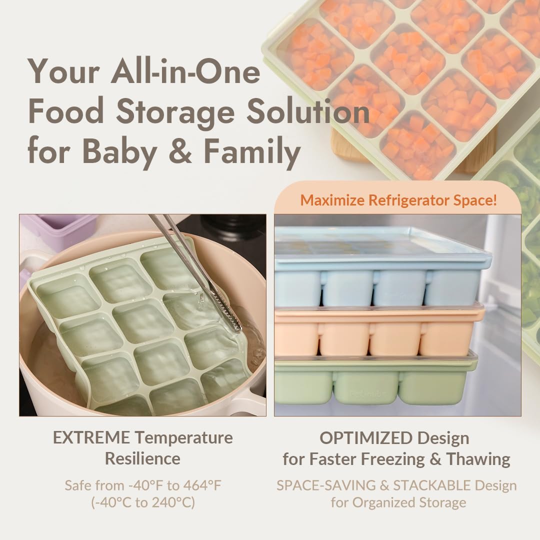 Baby Food Storage Silicone Cubes with Clip-On Lid Freezer Tray Baby Food Soups Purees Ice Easy and Safe Design Made in Korea (12 Ocean Blue)