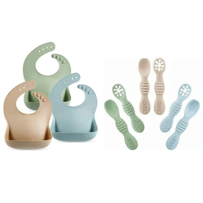 Set of 3 Silicone Baby Bibs & 6 Pack Silicone Baby Spoons