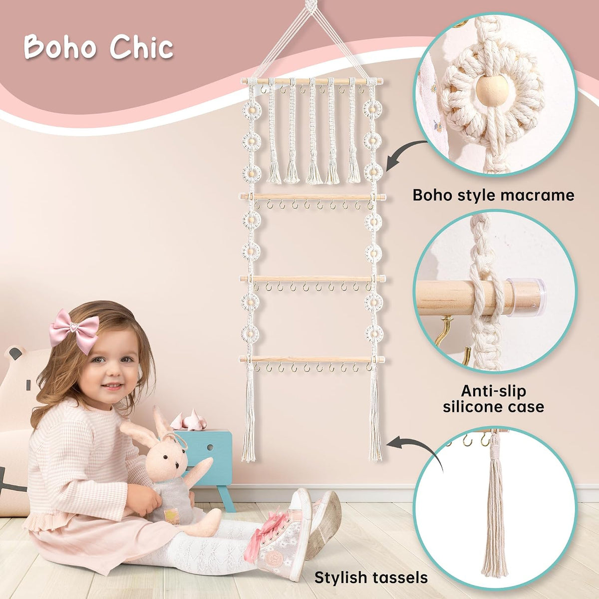 Bow Holder for Girls Hair Bows - Bow Organizer for Girls, Wall-Mounted Baby Headband Organizer, Headband Holder for Baby Girl