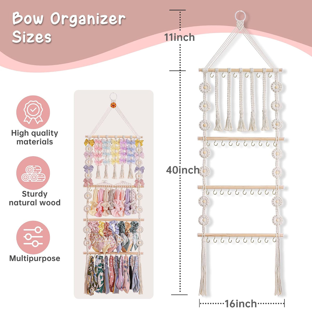 Bow Holder for Girls Hair Bows - Bow Organizer for Girls, Wall-Mounted Baby Headband Organizer, Headband Holder for Baby Girl