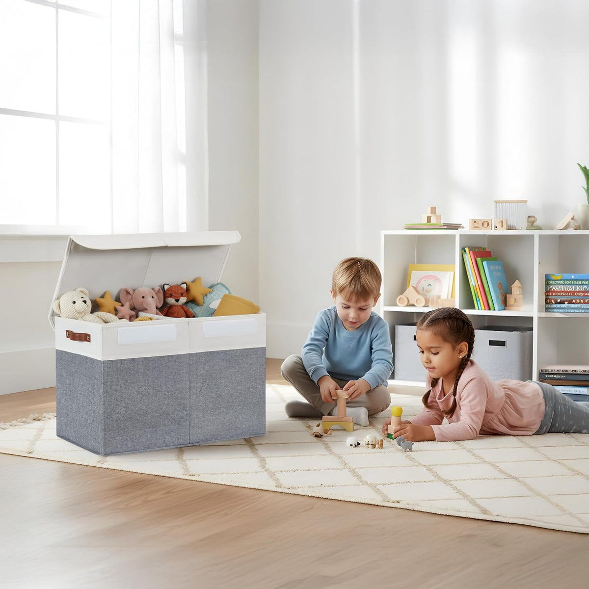 Large Toy Storage Box, Toy Storage Bins with Lid (Grey & White)