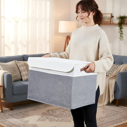 Large Toy Storage Box, Toy Storage Bins with Lid (Grey & White)