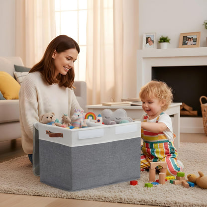 Large Toy Storage Box, Toy Storage Bins with Lid (Grey & White)