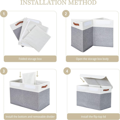 Large Toy Storage Box, Toy Storage Bins with Lid (Grey & White)