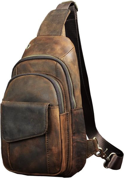 Men Outdoor Casual Travel Hiking Tea Crossbody Chest Sling Bag Rig One Shoulder Strap Bag Backpack Men Leather
