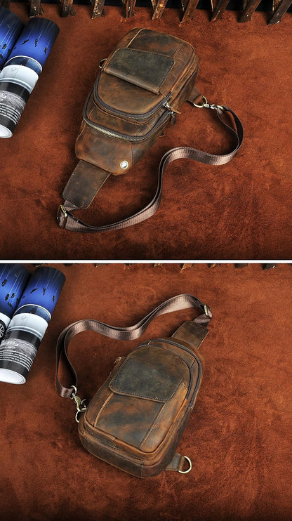 Men Outdoor Casual Travel Hiking Tea Crossbody Chest Sling Bag Rig One Shoulder Strap Bag Backpack Men Leather