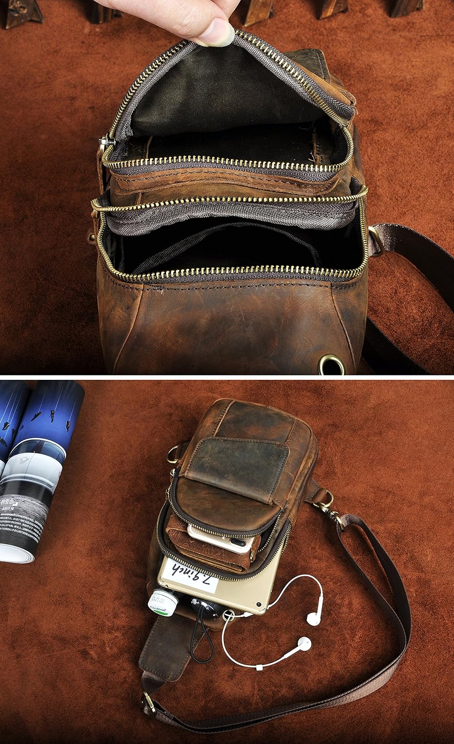 Men Outdoor Casual Travel Hiking Tea Crossbody Chest Sling Bag Rig One Shoulder Strap Bag Backpack Men Leather