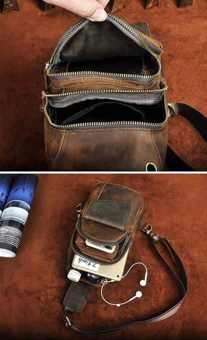 Men Outdoor Casual Travel Hiking Tea Crossbody Chest Sling Bag Rig One Shoulder Strap Bag Backpack Men Leather