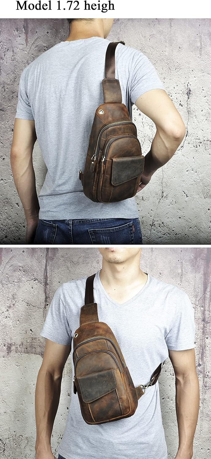 Men Outdoor Casual Travel Hiking Tea Crossbody Chest Sling Bag Rig One Shoulder Strap Bag Backpack Men Leather