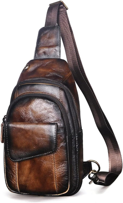 Men Outdoor Casual Travel Hiking Tea Crossbody Chest Sling Bag Rig One Shoulder Strap Bag Backpack Men Leather