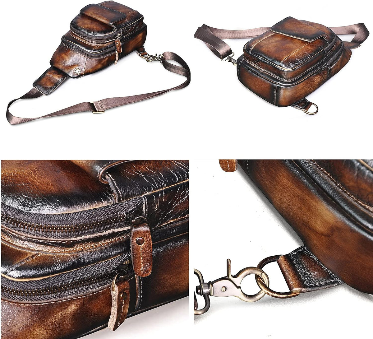 Men Outdoor Casual Travel Hiking Tea Crossbody Chest Sling Bag Rig One Shoulder Strap Bag Backpack Men Leather