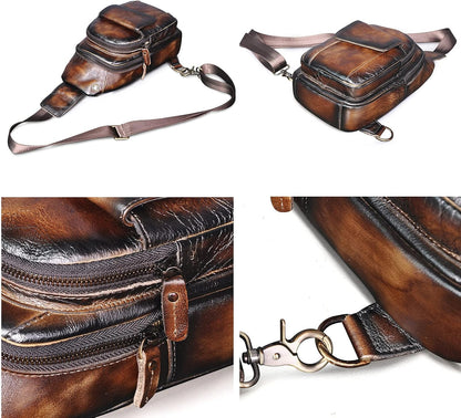 Men Outdoor Casual Travel Hiking Tea Crossbody Chest Sling Bag Rig One Shoulder Strap Bag Backpack Men Leather
