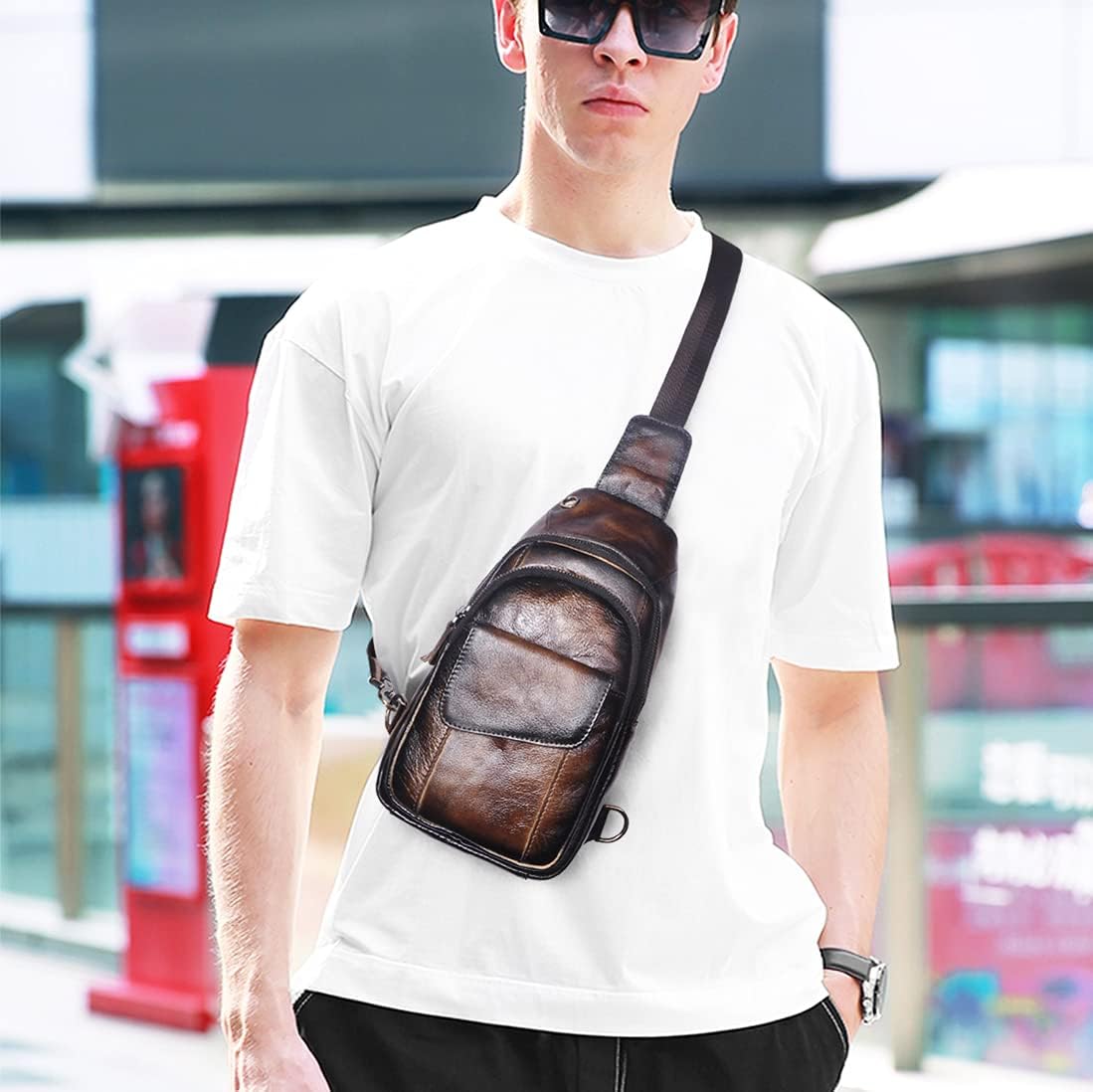 Men Outdoor Casual Travel Hiking Tea Crossbody Chest Sling Bag Rig One Shoulder Strap Bag Backpack Men Leather
