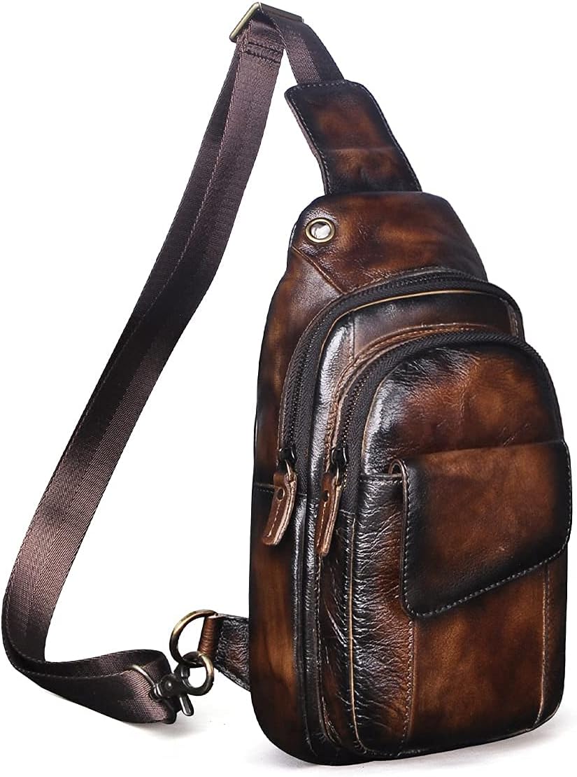 Men Outdoor Casual Travel Hiking Tea Crossbody Chest Sling Bag Rig One Shoulder Strap Bag Backpack Men Leather