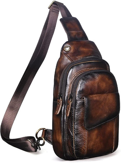 Men Outdoor Casual Travel Hiking Tea Crossbody Chest Sling Bag Rig One Shoulder Strap Bag Backpack Men Leather