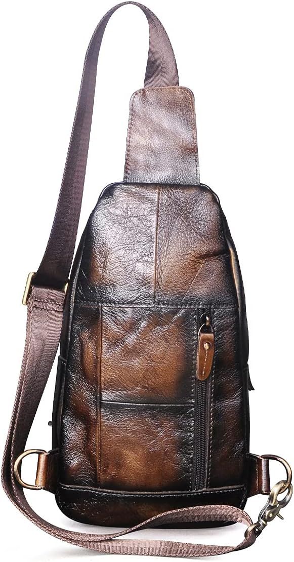 Men Outdoor Casual Travel Hiking Tea Crossbody Chest Sling Bag Rig One Shoulder Strap Bag Backpack Men Leather