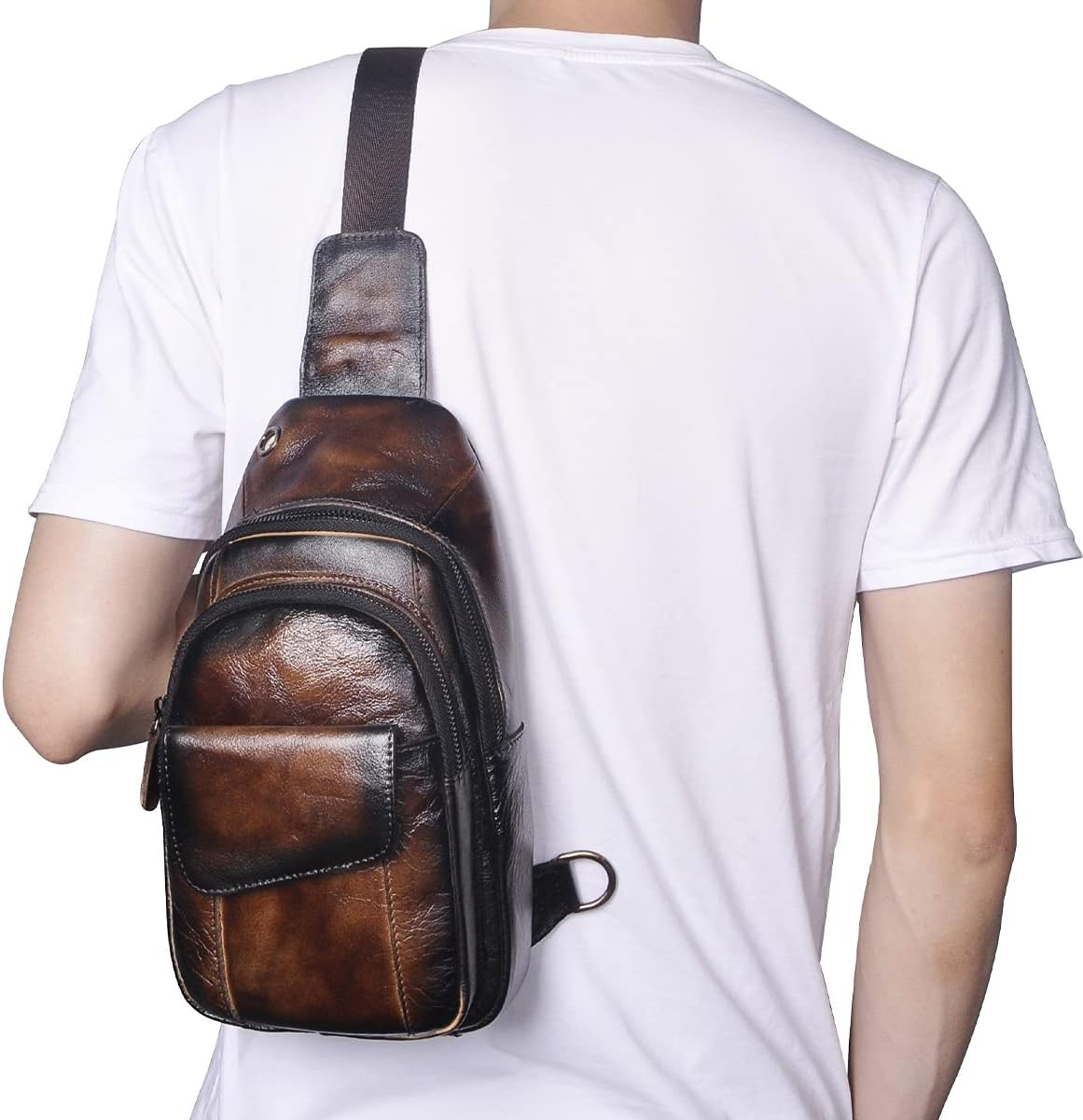 Men Outdoor Casual Travel Hiking Tea Crossbody Chest Sling Bag Rig One Shoulder Strap Bag Backpack Men Leather