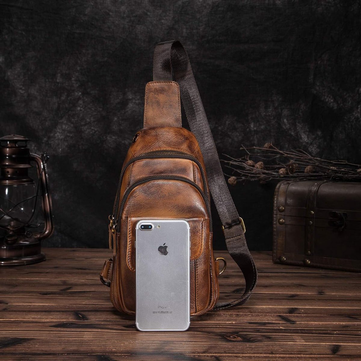 Men Outdoor Casual Travel Hiking Tea Crossbody Chest Sling Bag Rig One Shoulder Strap Bag Backpack Men Leather