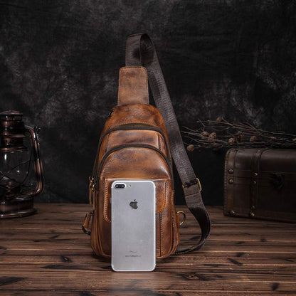 Men Outdoor Casual Travel Hiking Tea Crossbody Chest Sling Bag Rig One Shoulder Strap Bag Backpack Men Leather