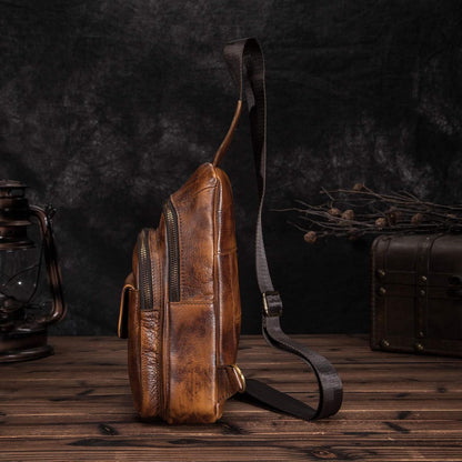 Men Outdoor Casual Travel Hiking Tea Crossbody Chest Sling Bag Rig One Shoulder Strap Bag Backpack Men Leather