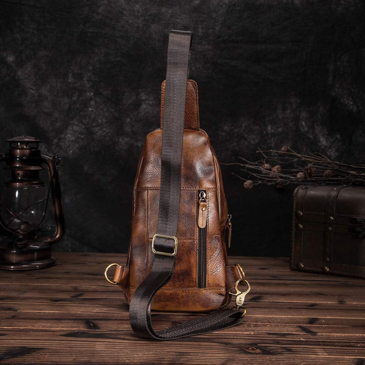 Men Outdoor Casual Travel Hiking Tea Crossbody Chest Sling Bag Rig One Shoulder Strap Bag Backpack Men Leather