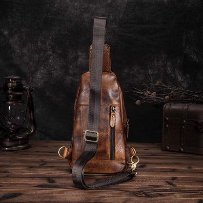 Men Outdoor Casual Travel Hiking Tea Crossbody Chest Sling Bag Rig One Shoulder Strap Bag Backpack Men Leather
