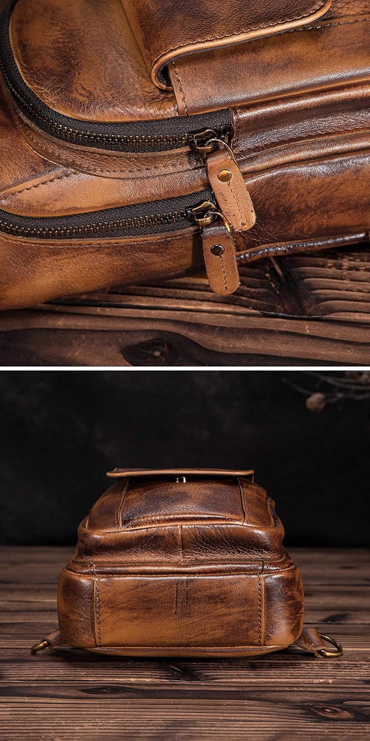 Men Outdoor Casual Travel Hiking Tea Crossbody Chest Sling Bag Rig One Shoulder Strap Bag Backpack Men Leather