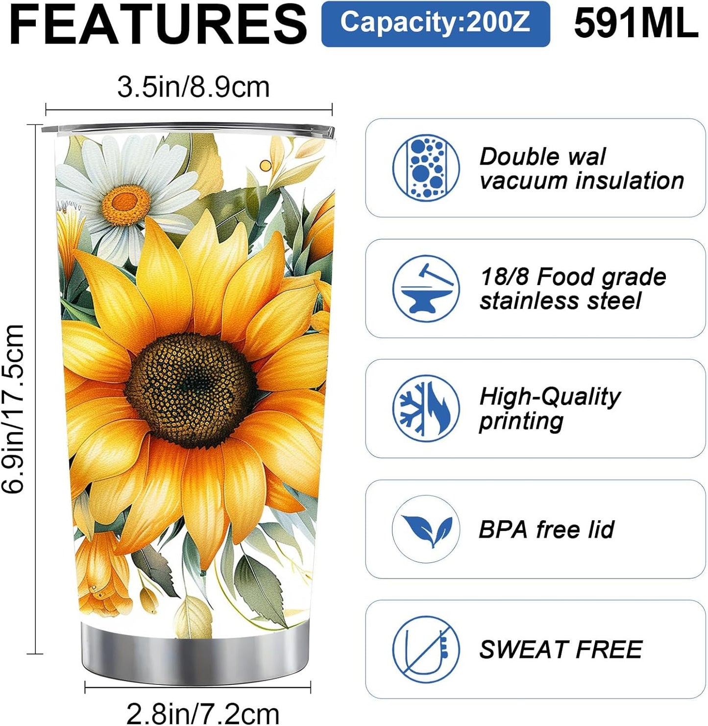 Sunflower Gifts for Women, 20 oz Sunflower Tumbler Cup Travel Mug | Sunflower Stainless Steel Insulated Floral Tumbler with Lid, Holiday Gifts for Sister Teacher, Christmas Birthday Office