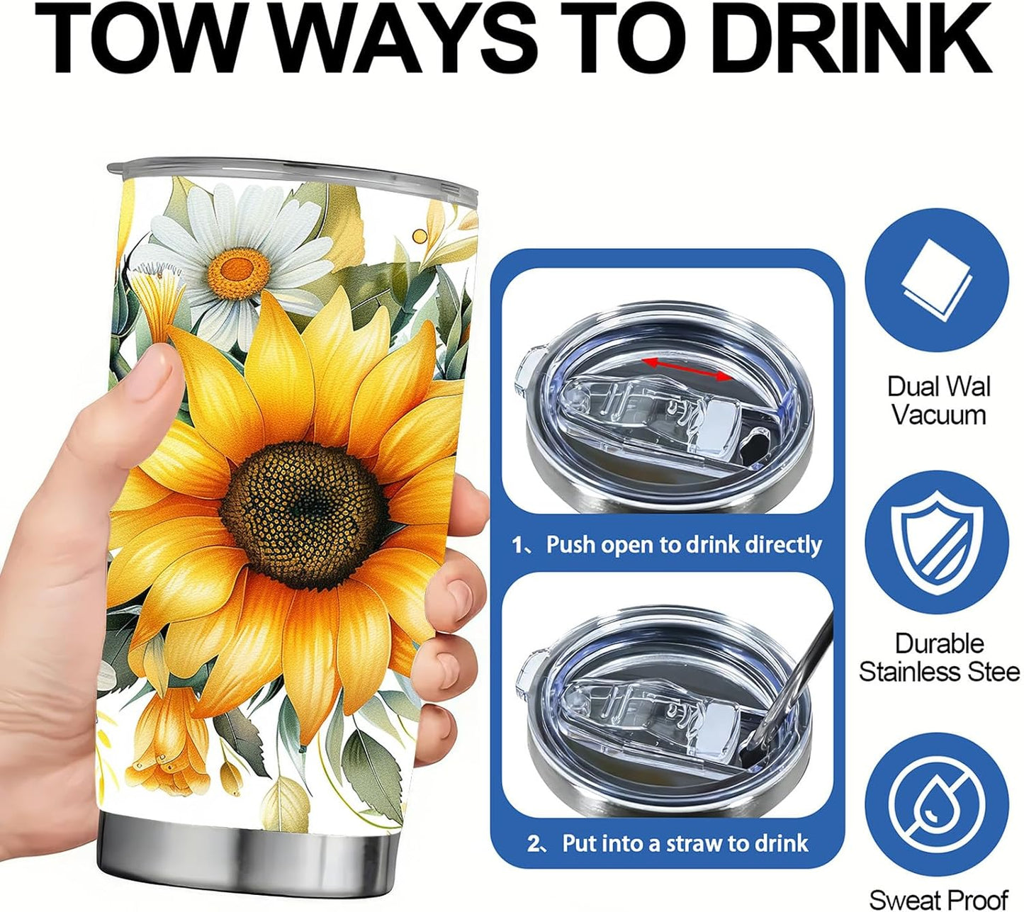 Sunflower Gifts for Women, 20 oz Sunflower Tumbler Cup Travel Mug | Sunflower Stainless Steel Insulated Floral Tumbler with Lid, Holiday Gifts for Sister Teacher, Christmas Birthday Office