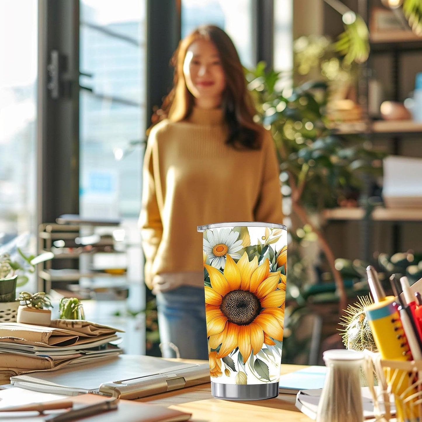 Sunflower Gifts for Women, 20 oz Sunflower Tumbler Cup Travel Mug | Sunflower Stainless Steel Insulated Floral Tumbler with Lid, Holiday Gifts for Sister Teacher, Christmas Birthday Office