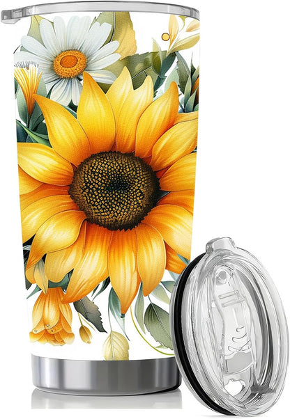 Sunflower Gifts for Women, 20 oz Sunflower Tumbler Cup Travel Mug | Sunflower Stainless Steel Insulated Floral Tumbler with Lid, Holiday Gifts for Sister Teacher, Christmas Birthday Office