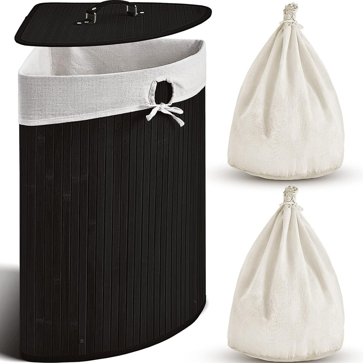 Corner Bamboo Laundry Hamper with Lid and Removable Liner Corner Bamboo Laundry Basket with Handle Washing Clothes Basket Storage Bin for Bedroom Bathroom(Brown,Vertical Slatted)