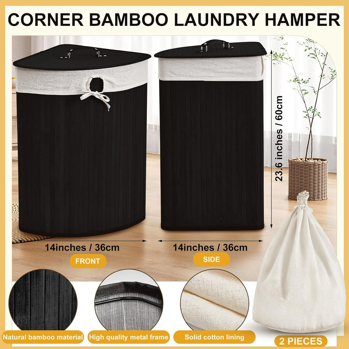 Corner Bamboo Laundry Hamper with Lid and Removable Liner Corner Bamboo Laundry Basket with Handle Washing Clothes Basket Storage Bin for Bedroom Bathroom(Brown,Vertical Slatted)