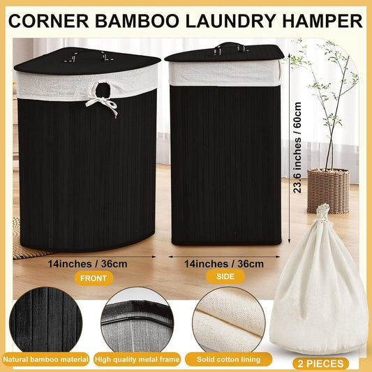 Corner Bamboo Laundry Hamper with Lid and Removable Liner Corner Bamboo Laundry Basket with Handle Washing Clothes Basket Storage Bin for Bedroom Bathroom(Brown,Vertical Slatted)