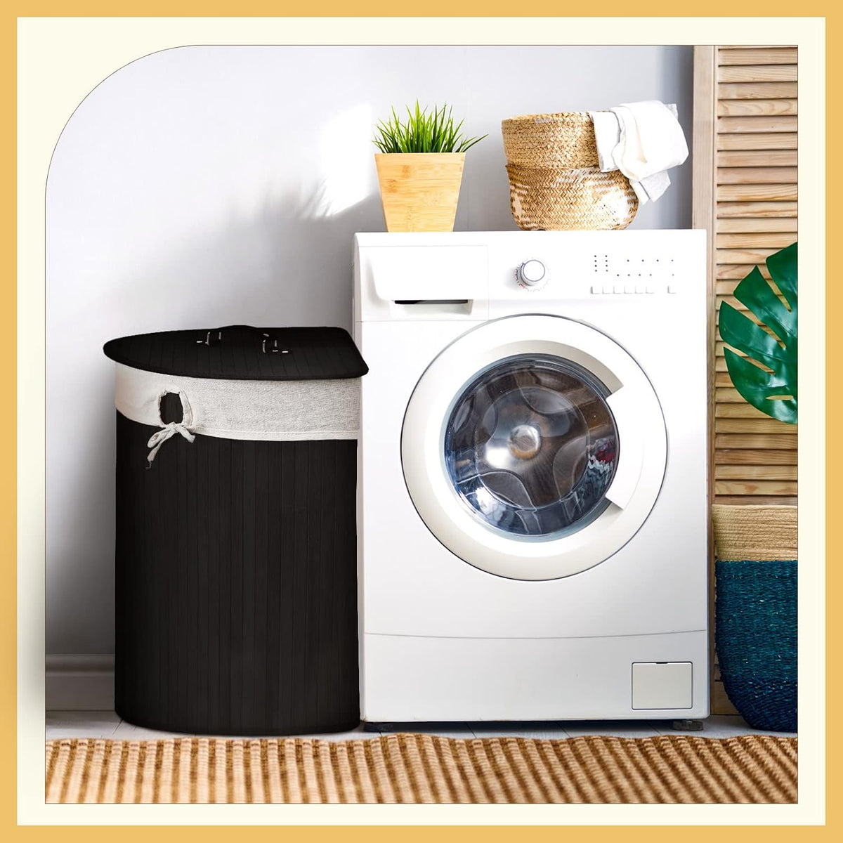Corner Bamboo Laundry Hamper with Lid and Removable Liner Corner Bamboo Laundry Basket with Handle Washing Clothes Basket Storage Bin for Bedroom Bathroom(Brown,Vertical Slatted)