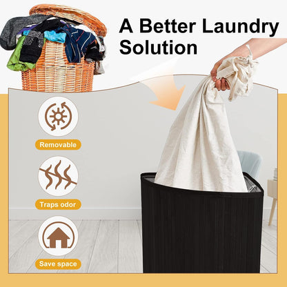 Corner Bamboo Laundry Hamper with Lid and Removable Liner Corner Bamboo Laundry Basket with Handle Washing Clothes Basket Storage Bin for Bedroom Bathroom(Brown,Vertical Slatted)